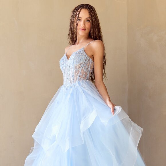 NEW FORMAL FLORAL EMBELLISHED BALL GOWN W/ V-NECKLINE & SHEER BODICE AC 5068 - Picture 7 of 11